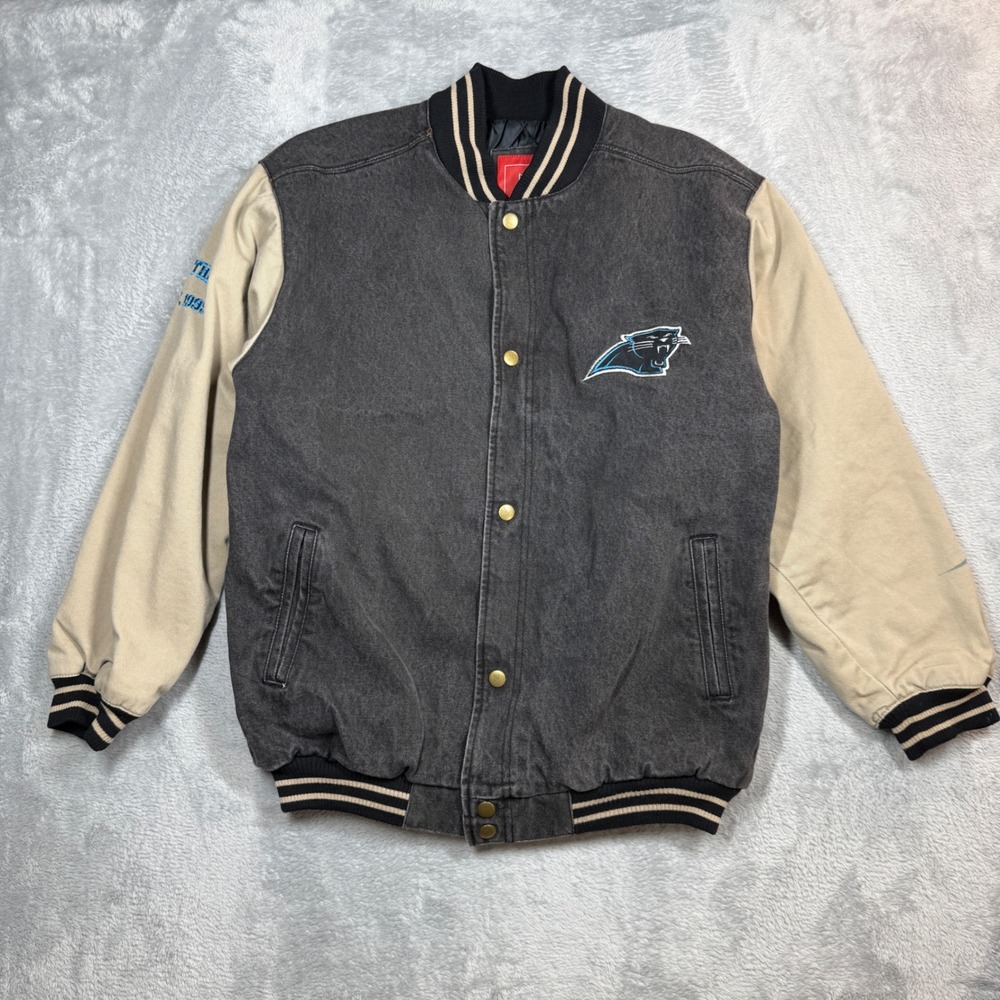 Vintage NFL Carolina Panthers Varsity Jacket Mens M Black Faded Denim 90s